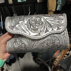 Silver genuine leather tooled purse